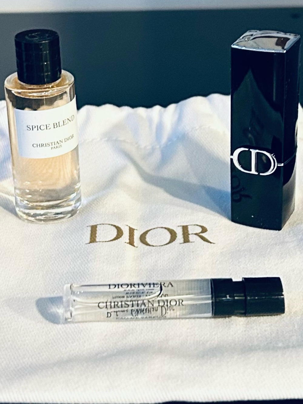 Rouge Dior Lipstick with Dioriviera and Spice Blend perfume samples